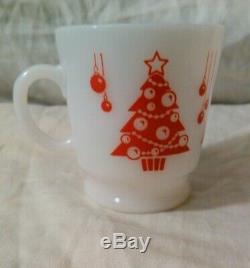 Hazel Atlas Vtg. Punch/Eggnog Bowl Set Green/Red Christmas Trees Mugs Milk Glass