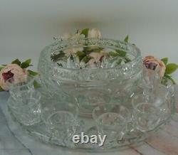 Heavy Crystal Glass Large Punch Bowl with Underplate with 7 Punch Cups