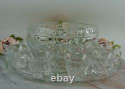 Heavy Crystal Glass Large Punch Bowl with Underplate with 7 Punch Cups