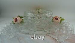 Heavy Crystal Glass Large Punch Bowl with Underplate with 7 Punch Cups