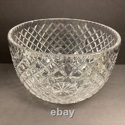 Heavy crystal punch bowl crosshatch pattern fluted rim shield cartouche