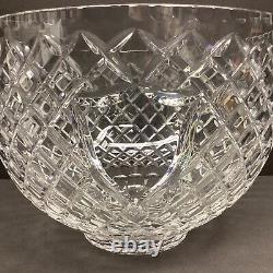 Heavy crystal punch bowl crosshatch pattern fluted rim shield cartouche