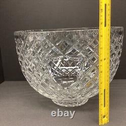 Heavy crystal punch bowl crosshatch pattern fluted rim shield cartouche