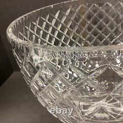 Heavy crystal punch bowl crosshatch pattern fluted rim shield cartouche