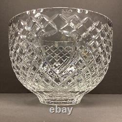 Heavy crystal punch bowl crosshatch pattern fluted rim shield cartouche