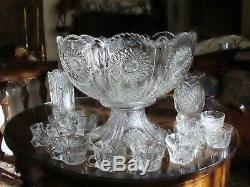 Heisey BEADED PANEL SUNBURST Punch Bowl + Pedestal +14 punch cups MINT 1897-1912