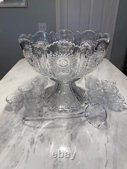 Heisey Beaded Panel Sunburst Punch Bowl Set 15 pcs