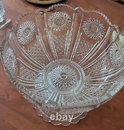 Heisey Glass Beaded Panel Sunburst Punch Bowl With Stand Antique 1896-1913 USA