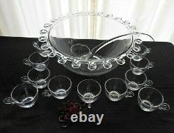 Heisey Glass Clear Lariat Blown Punch Bowl, 11 Cups, 11 Hooks, Ladle, 24 pc. Set