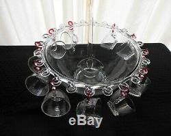 Heisey Glass Clear Lariat Blown Punch Bowl, 11 Cups, 11 Hooks, Ladle, 24 pc. Set