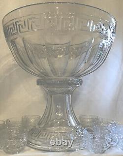 Heisey Glass Greek Key Crystal Punch Bowl & Stand & 13 Punch Cups Marked Heisey