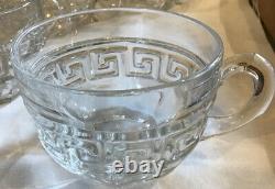 Heisey Glass Greek Key Crystal Punch Bowl & Stand & 13 Punch Cups Marked Heisey