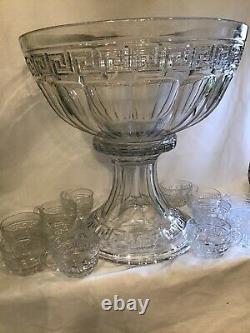 Heisey Glass Greek Key Crystal Punch Bowl & Stand & 13 Punch Cups Marked Heisey