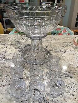 Heisey Glass Greek Key Crystal Punch Bowl & Stand & 13 Punch Cups Marked Heisey