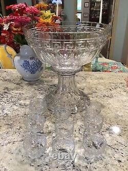 Heisey Glass Greek Key Crystal Punch Bowl & Stand & 13 Punch Cups Marked Heisey