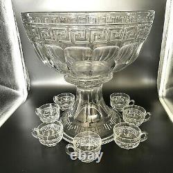 Heisey Glass Greek Key Punch Bowl, Stand And 7 Cups