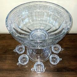 Heisey Glass Greek Key Punch Bowl, Stand And 7 Cups