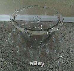 Heisey Plantation Pattern Glass Punchbowl with Underplate and Seven Cups