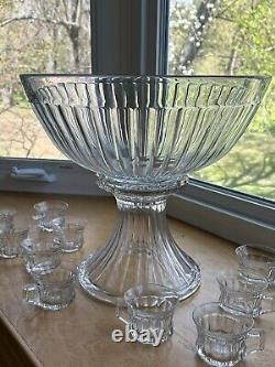 Heisey Vintage Punch Bowl & Stand Set With12 cups Banded Flute Clear Top Panel