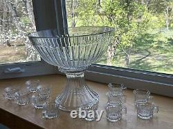 Heisey Vintage Punch Bowl & Stand Set With12 cups Banded Flute Clear Top Panel