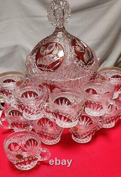 Hofbauer Ruby Red Byrdes Punch Bowl And 12 Punch Cups