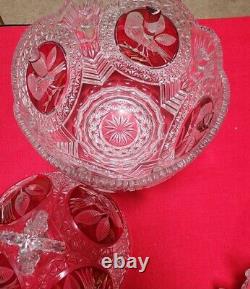 Hofbauer Ruby Red Byrdes Punch Bowl And 12 Punch Cups