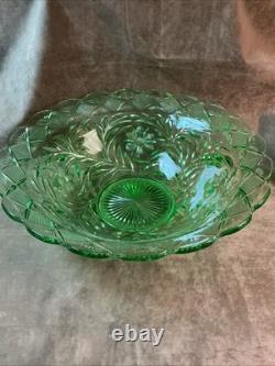 Huge 1920s Tiffin glass Smith Holiday pattern Flared green Non-uv Punchbowl