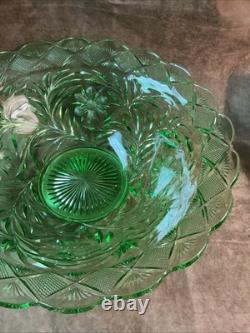 Huge 1920s Tiffin glass Smith Holiday pattern Flared green Non-uv Punchbowl