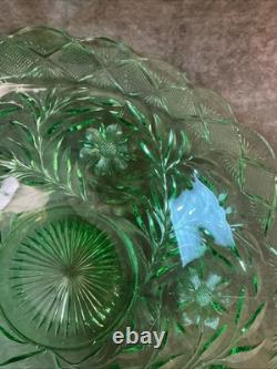 Huge 1920s Tiffin glass Smith Holiday pattern Flared green Non-uv Punchbowl