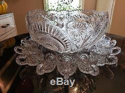 Huge Antique 20-24 Cup Punch Bowl with 16 Cups All Original