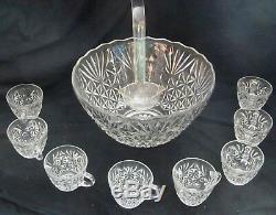 Huge Antique Cut Crystal Punch Bowl Buttons And Daisies With 8 Cups 12 Inches Wide