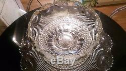 Huge Antique Manhatten Punch Bowl 24 Cups on Platter with Glass Ladle
