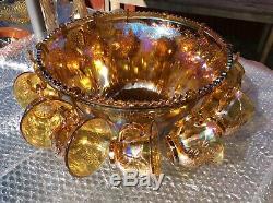 Huge Carnival Glass Punch Bowl Set With 12 Cups Unused Mint, Extra Deep & Large