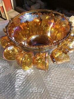 Huge Carnival Glass Punch Bowl Set With 12 Cups Unused Mint, Extra Deep & Large