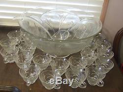 Huge Indiana Glass Punch Bowl Set Includes 24 Cups Pebble Leaf Twiggy Euc