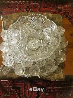 Huge L E Smith Glass Star Pressed Glass 21 piece Punch Bowl Set 22 Platter Tray