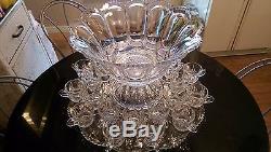 Huge Pressed Glass Punch Bowl with Matching Base Platter & 24 Cups