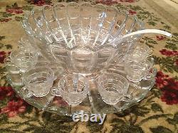 Huge Vintage Antique Cambridge Glass Cascade Pattern Punch Bowl Set 15 Piece Set