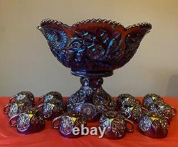 Huge Vintage Westmoreland Rubí Red Glass Carnival Fruits Punch Bowl Set 14pcs