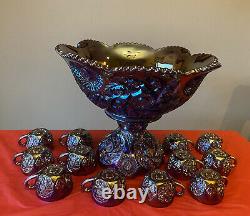 Huge Vintage Westmoreland Rubí Red Glass Carnival Fruits Punch Bowl Set 14pcs