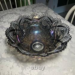 IMPERIAL GLASS WHIRLING HOBSTAR SMOKE PURPLE PUNCH BOWL WITH STAND and 4 cups