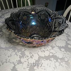 IMPERIAL GLASS WHIRLING HOBSTAR SMOKE PURPLE PUNCH BOWL WITH STAND and 4 cups