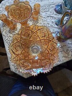 IMPERIAL GLASS WHIRLING STAR CARNIVAL MARIGOLD PUNCH BOWL with10 CUPS