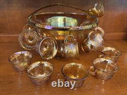 INDIANA GLASS Carnival Iridescent PUNCH BOWL SET Princess 7447 GOLD Grapes WithBOX