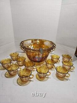 INDIANA GLASS Carnival Iridescent PUNCH BOWL SET Princess 7447 GOLD Grapes WithBOX