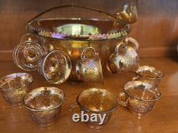 INDIANA GLASS Carnival Iridescent PUNCH BOWL SET Princess 7447 GOLD Grapes WithBOX