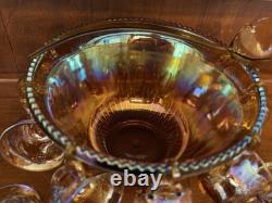 INDIANA GLASS Carnival Iridescent PUNCH BOWL SET Princess 7447 GOLD Grapes WithBOX