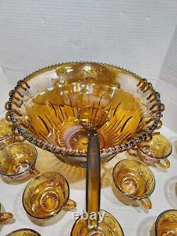 INDIANA GLASS Carnival Iridescent PUNCH BOWL SET Princess 7447 GOLD Grapes WithBOX