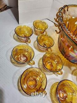 INDIANA GLASS Carnival Iridescent PUNCH BOWL SET Princess 7447 GOLD Grapes WithBOX