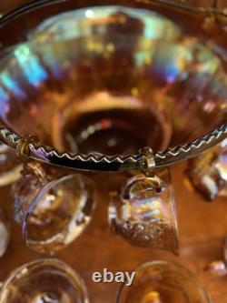INDIANA GLASS Carnival Iridescent PUNCH BOWL SET Princess 7447 GOLD Grapes WithBOX